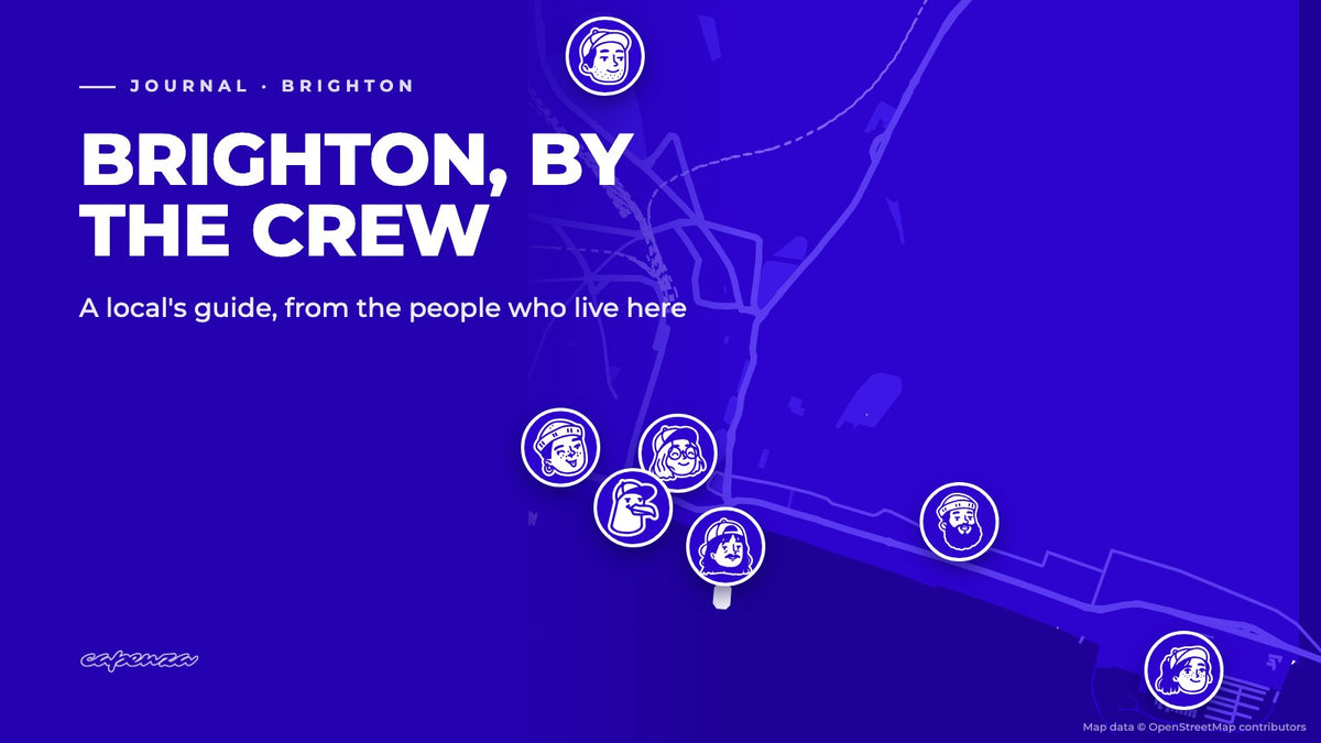 Drawn map of Brighton in Capenza blue with the seven Capenza crew members placed where they live