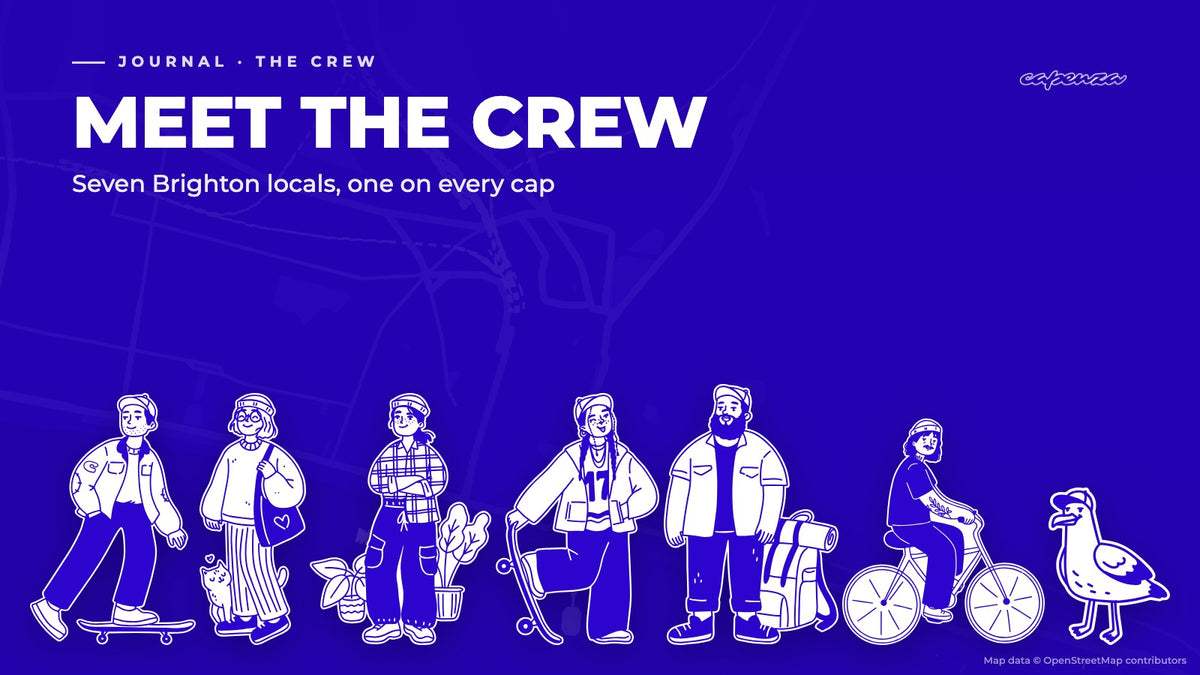 The seven Capenza crew members drawn in white on Capenza blue: Preston, Elaine, Marina, Reggie, Kemp, Pierre and Gulliver