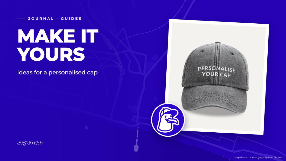 A personalised Capenza Custom Text Cap with embroidered text, with Gulliver the seagull from the Capenza crew