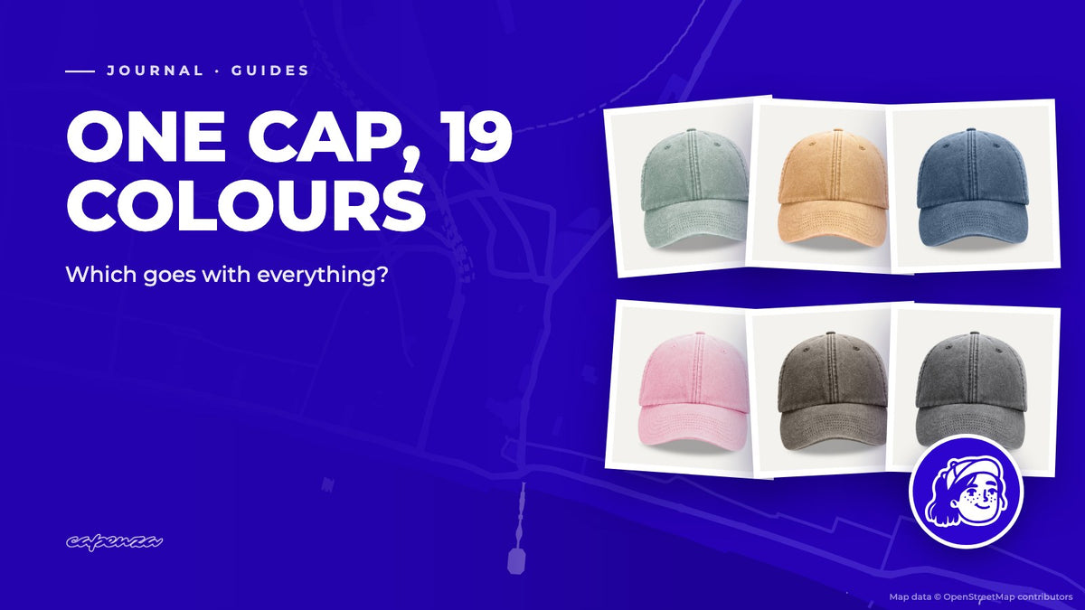Six Capenza Essential Caps in sage green, mustard, denim, dusky pink, brown and black, with Marina from the Capenza crew