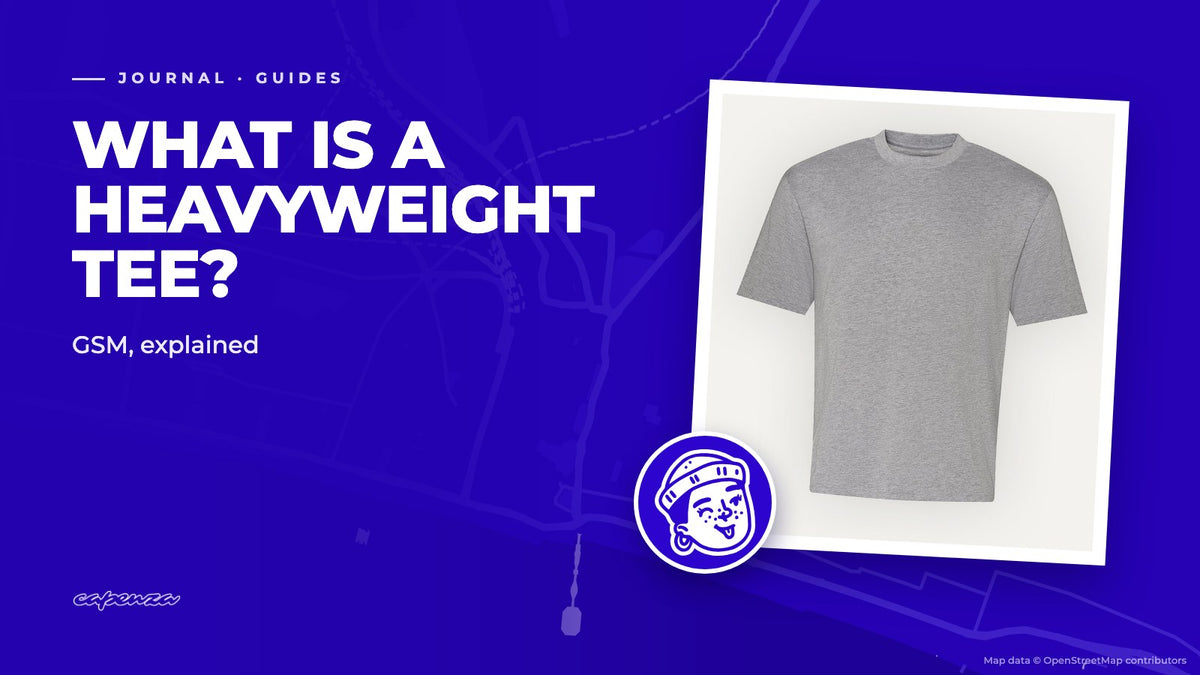 The Capenza Essential Tee, a 240 gsm heavyweight T-shirt in Heather Grey, with Reggie from the Capenza crew