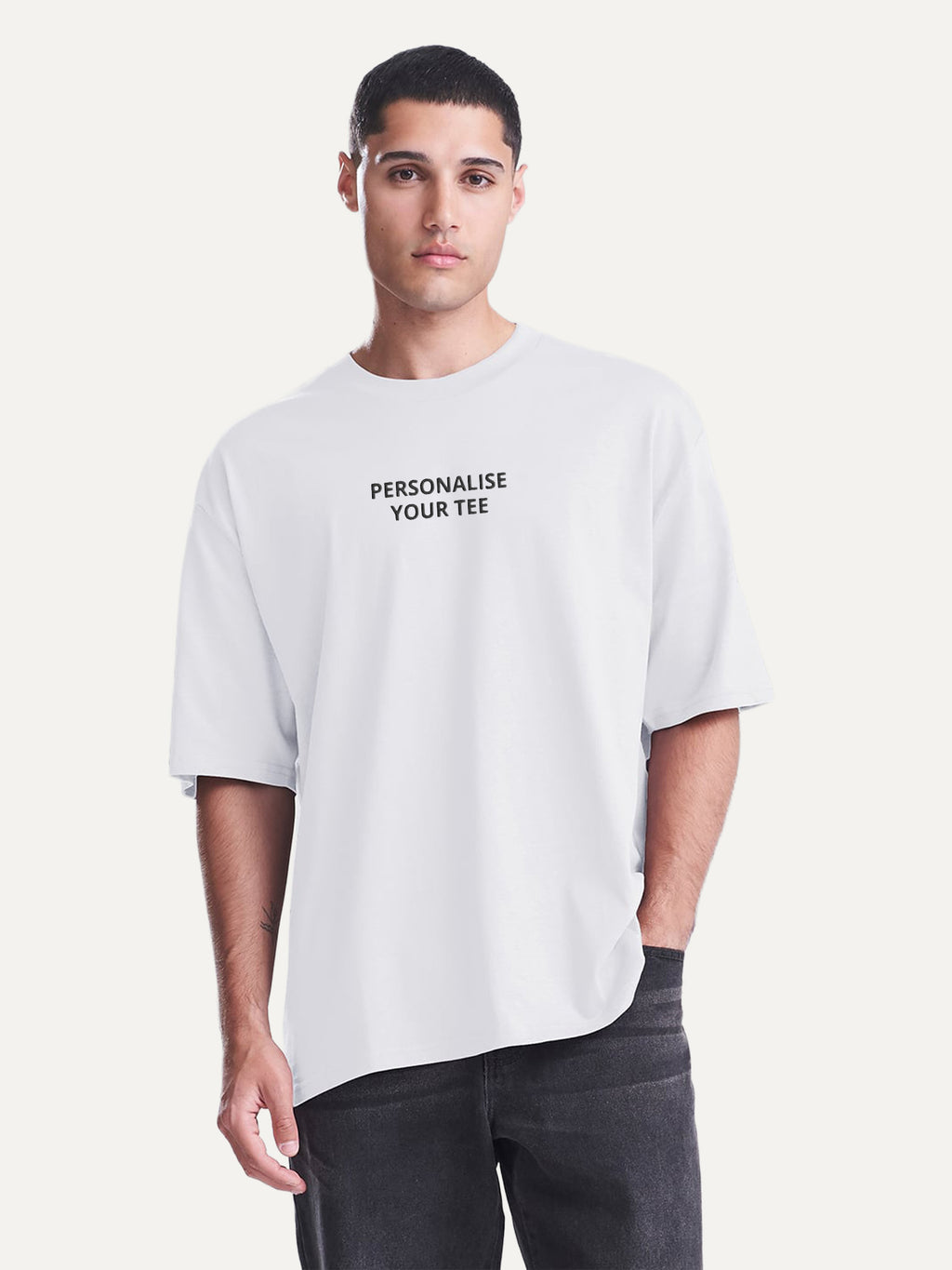 Custom Text Tee in Arctic White, worn by a model