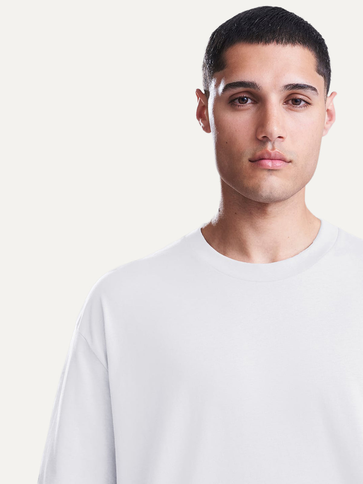 Close-up of the Essential Tee neckline in Arctic White