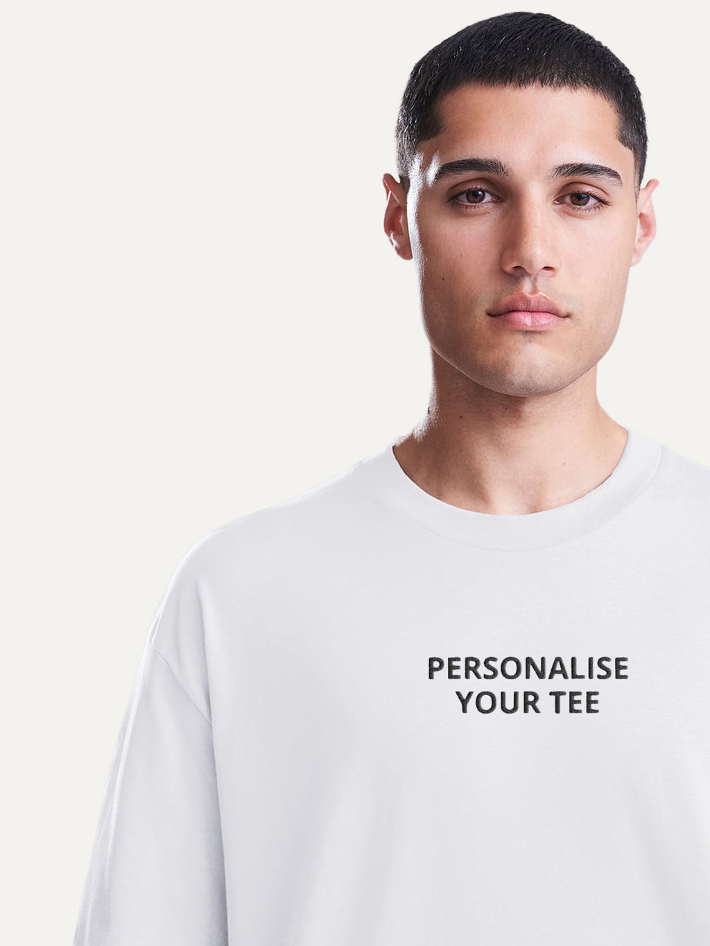 Close-up of the Custom Text Tee neckline in Arctic White