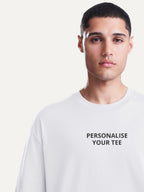 Close-up of the Custom Text Tee neckline in Arctic White