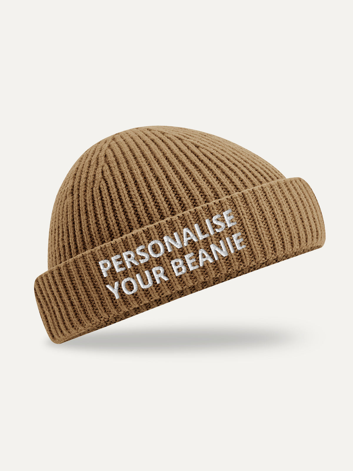 Custom Text Beanie in Biscuit, front view