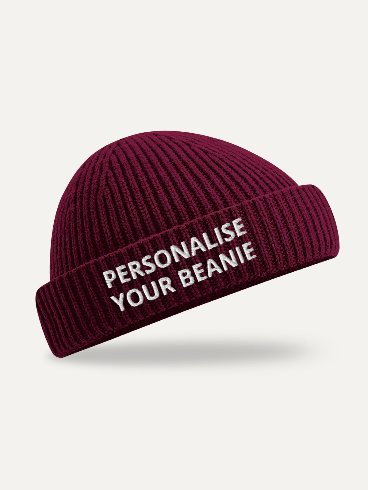 Custom Text Beanie in Burgundy, front view