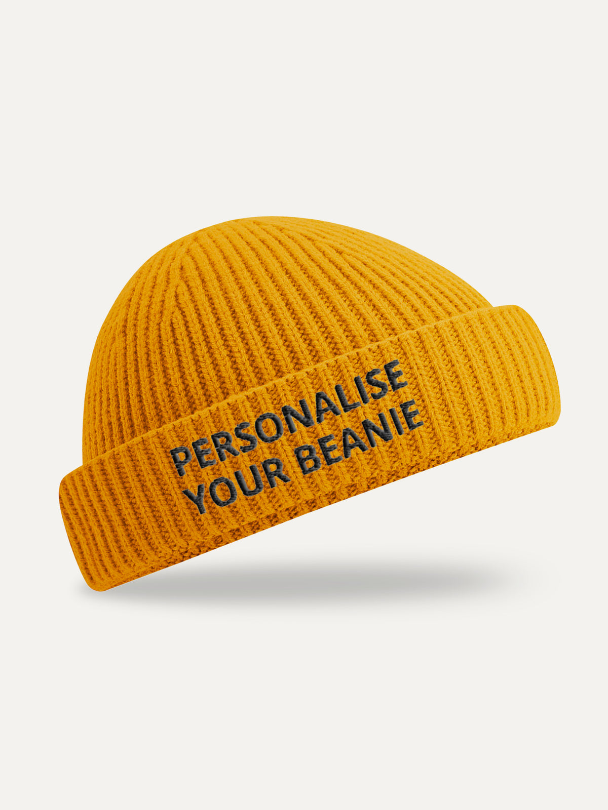 Custom Text Beanie in Mustard, front view
