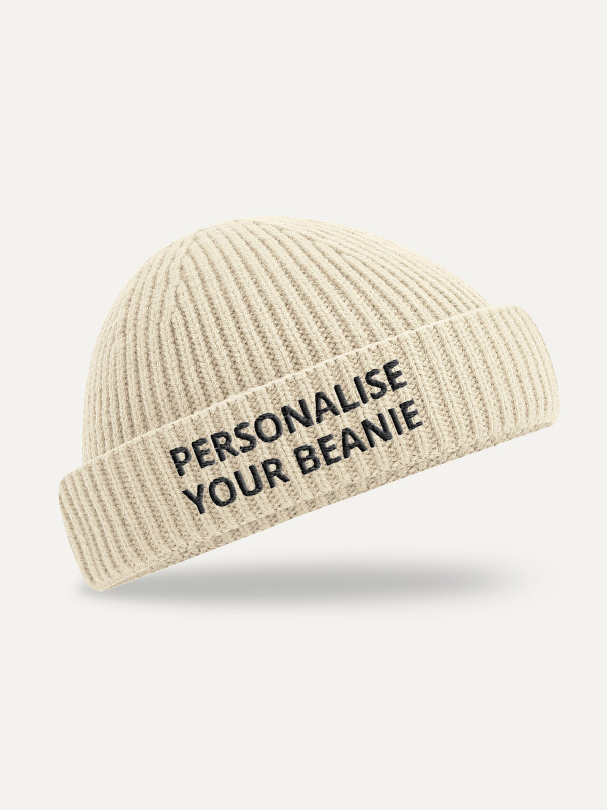 Custom Text Beanie in Oatmeal, front view