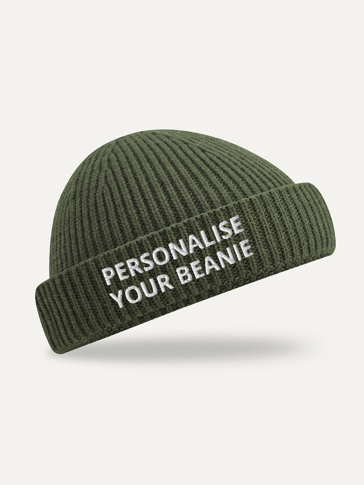 Custom Text Beanie in Olive Green, front view
