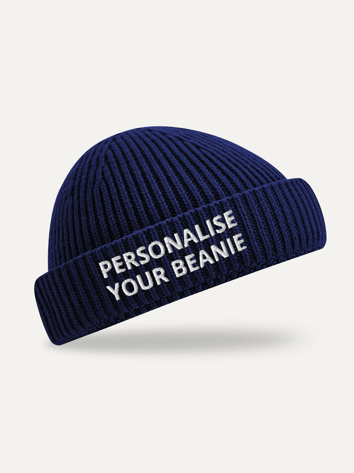 Custom Text Beanie in Oxford Navy, front view