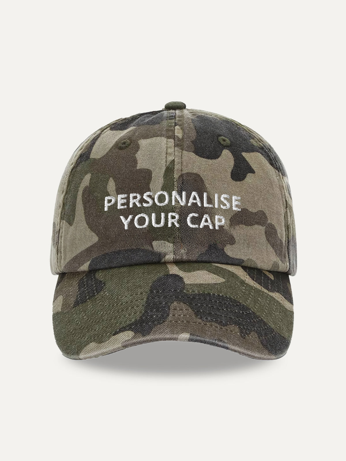 Custom Text Cap in Vintage Camo, side view