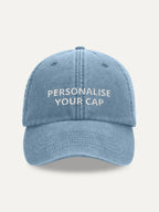 Custom Text Cap in Vintage Light Denim, front view