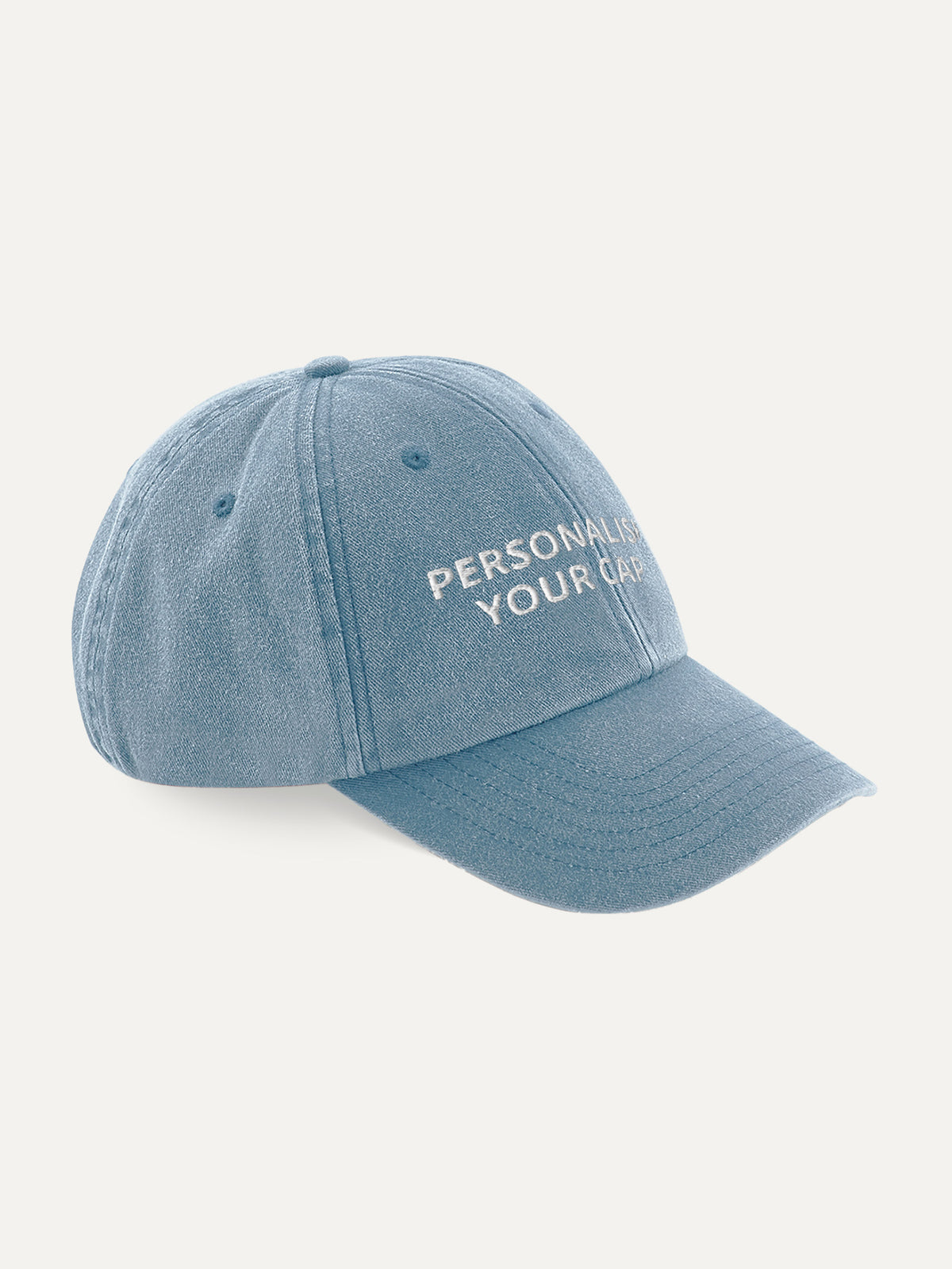 Custom Text Cap in Vintage Light Denim, side view