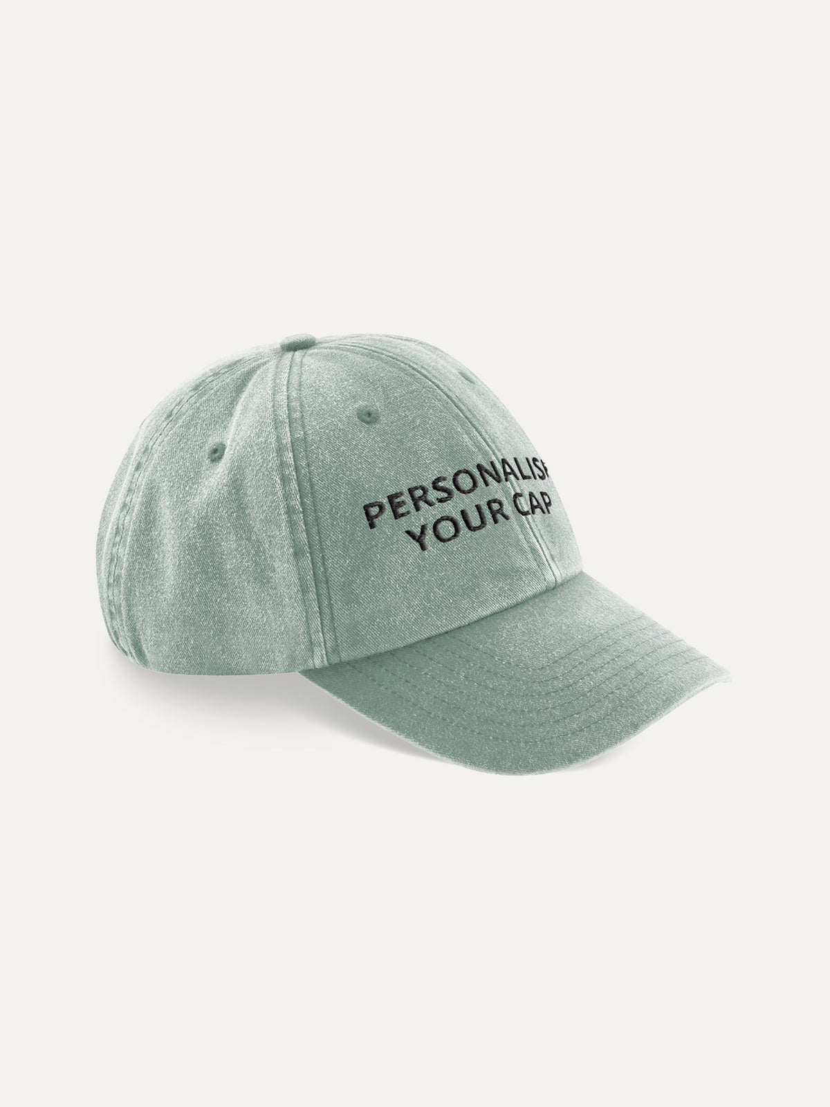 Custom Text Cap in Vintage Sage Green, side view
