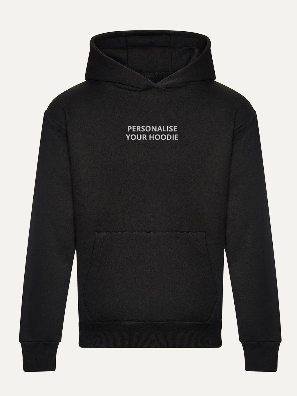 Custom Text Hoodie in Deep Black, front view