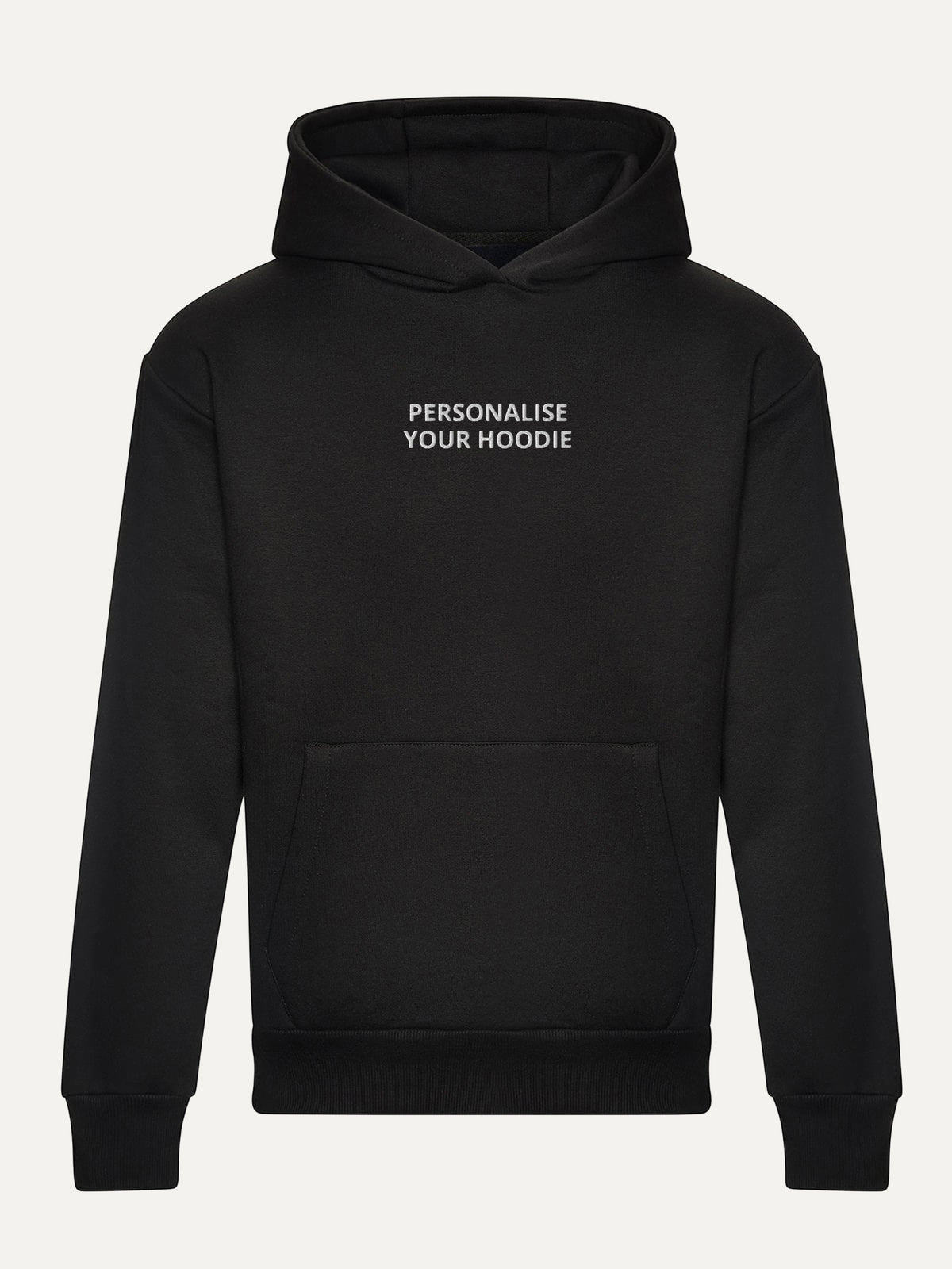 Custom Text Hoodie in Deep Black, front view