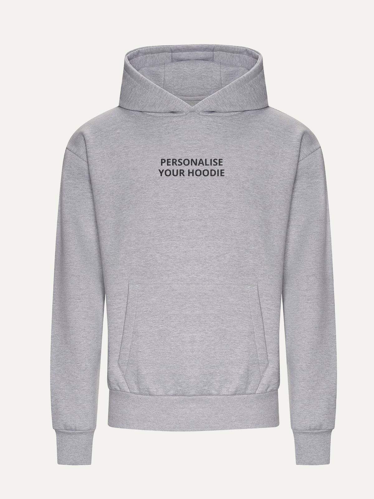 Custom Text Hoodie in Heather Grey, front view