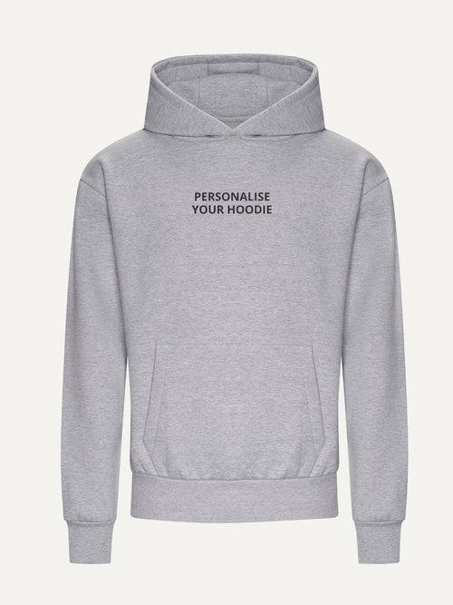 Custom Text Hoodie in Heather Grey, front view