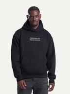 Custom Text Hoodie in Deep Black, worn by a model