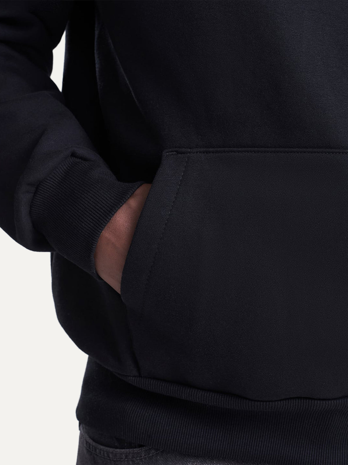 Close-up of the Essential Hoodie kangaroo pocket in Deep Black